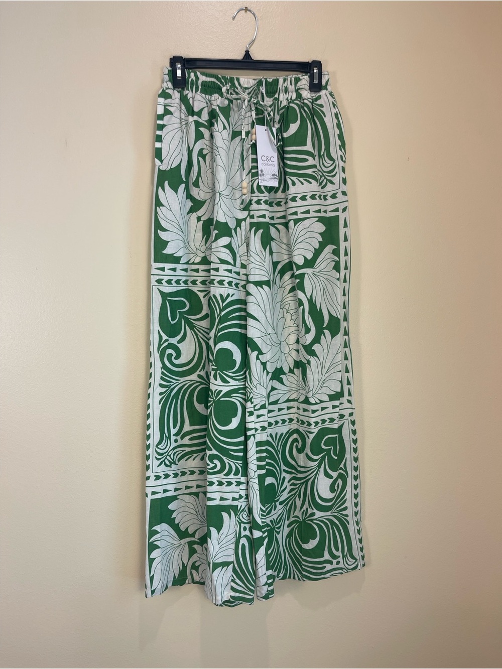 C&C California Green White Tropical Linen Blend Wide Leg Pants M Pull On NWT